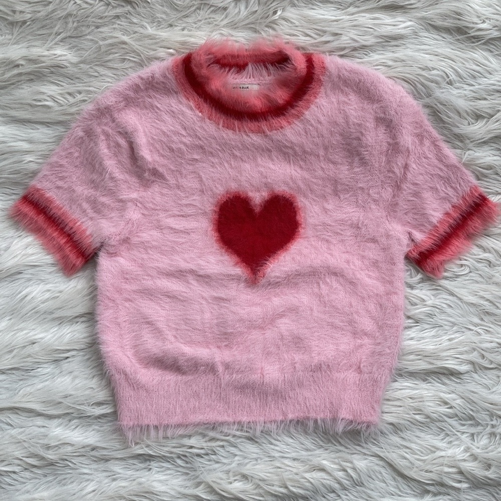 Urban Outfitters | Kimchi Blue | Amelia Fuzzy Pink Cropped Heart Sweater